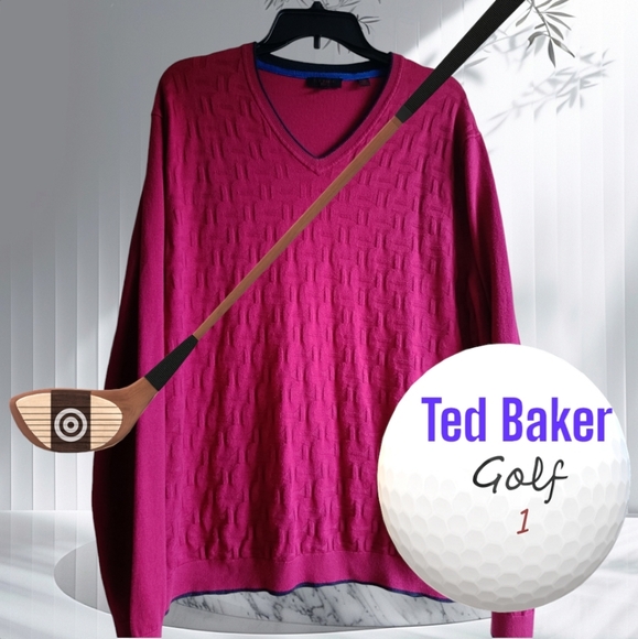 7/3XL⛳Ted Baker Golf Men's Knit V-Neck Vibrant Pink Sweater - Picture 4 of 10